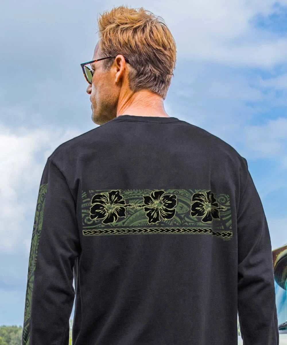 Linear Tribal Pua - Black Long Sleeve Crewneck T-Shirt 2 Linear Tribal Pua - Black Long Sleeve Crewneck T-Shirt - Image 2