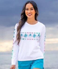 Row Of Palms - White Long Sleeve Crewneck T-Shirt