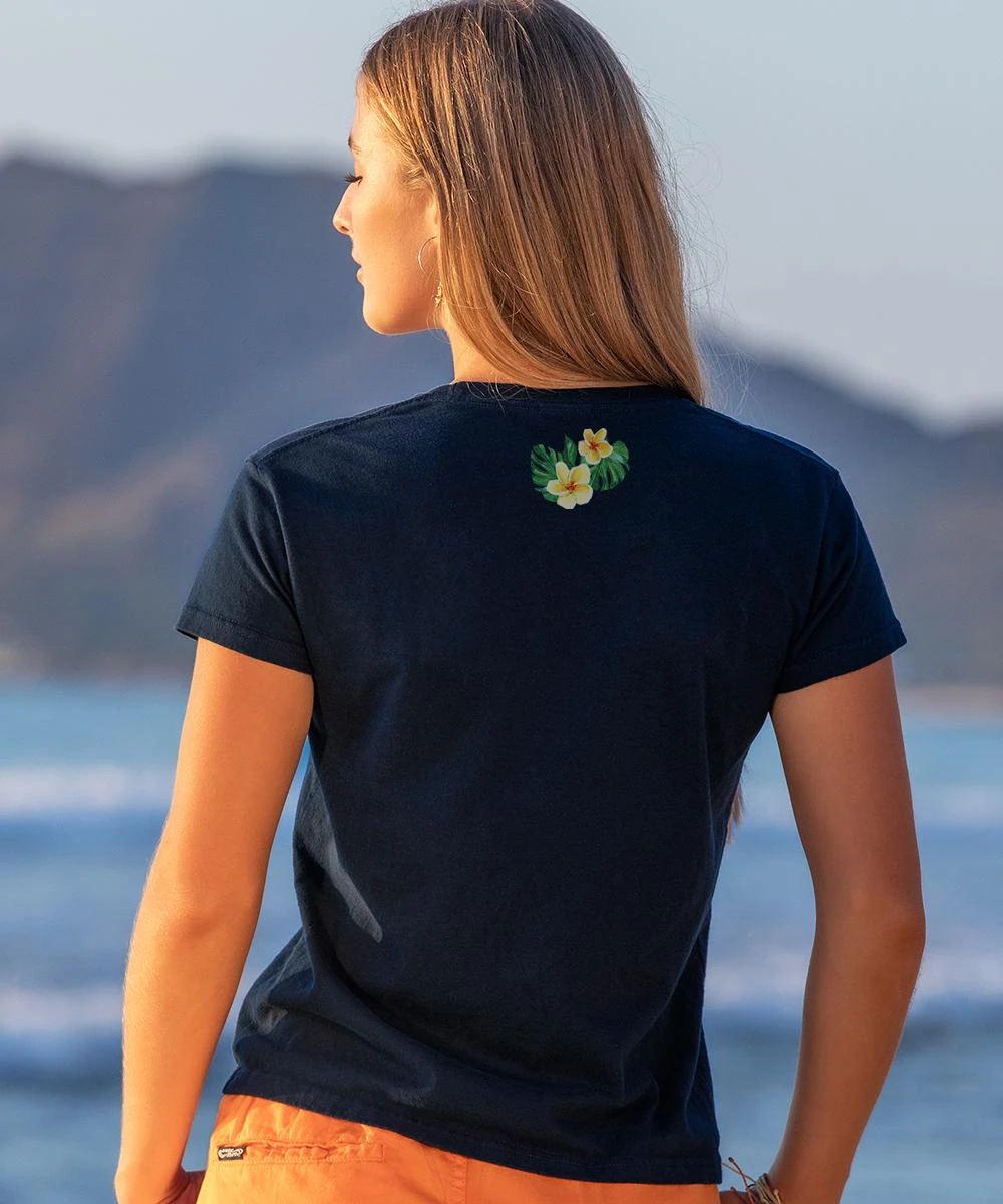 Plumeria Aloha - Navy Short Sleeve Crewneck T-Shirt 2 Plumeria Aloha - Navy Short Sleeve Crewneck T-Shirt - Image 2