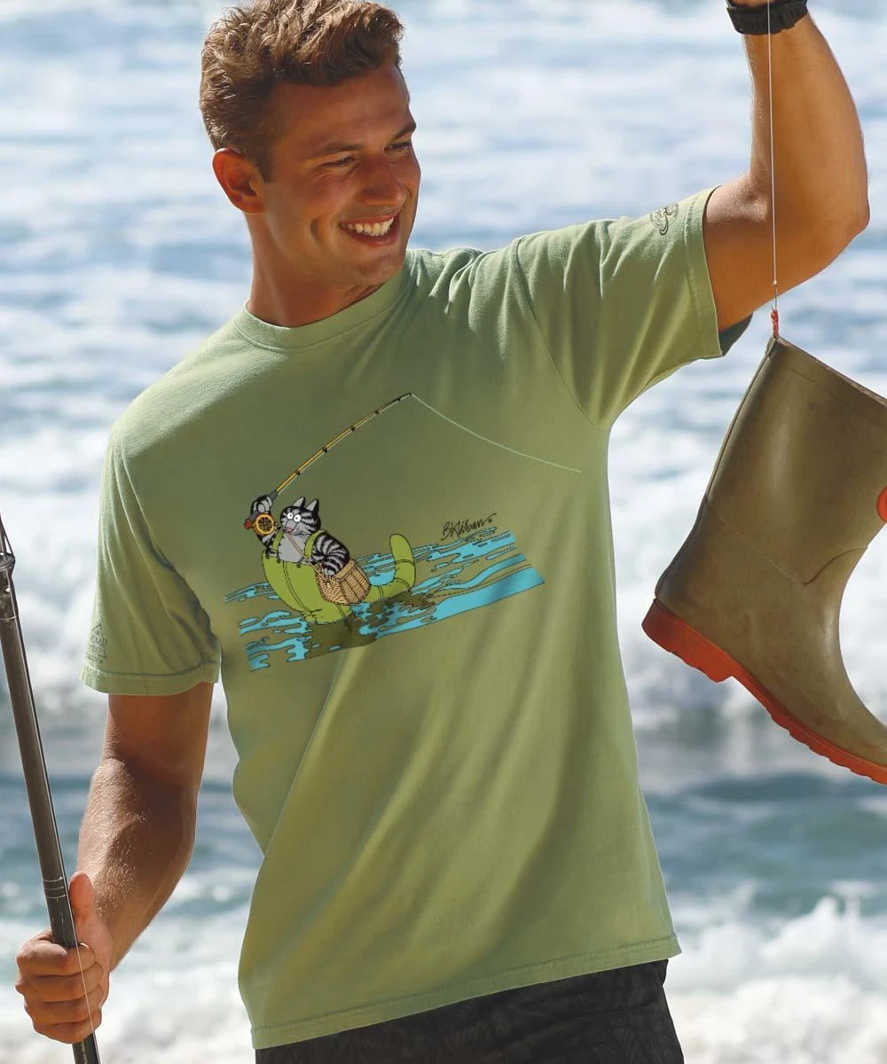 B. Kliban Fly Fishing Cat - Hemp Dyed Short Sleeve Crewneck T-Shirt 1 B. Kliban Fly Fishing Cat - Hemp Dyed Short Sleeve Crewneck T-Shirt