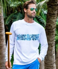 Surfa Stripe - White Long Sleeve Crewneck T-Shirt