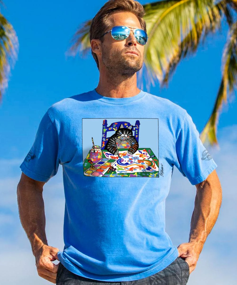 B. Kliban Artist Cat - Blue Hawaii Dyed Short Sleeve Crewneck T-Shirt 1 B. Kliban Artist Cat - Blue Hawaii Dyed Short Sleeve Crewneck T-Shirt