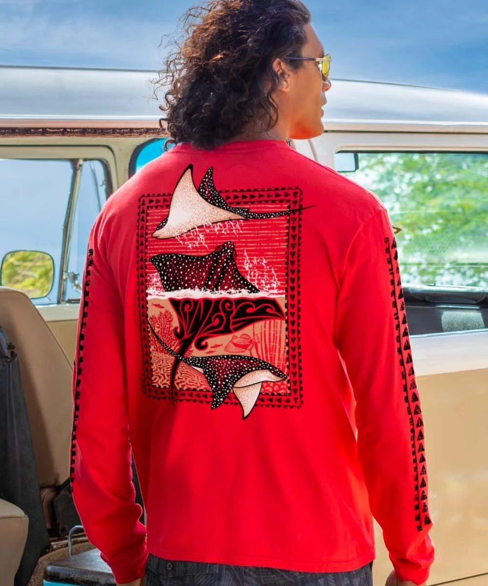 Spotted Eagle Ray - Candy Apple Red Dyed Long Sleeve Crewneck T-Shirt 1 Spotted Eagle Ray - Candy Apple Red Dyed Long Sleeve Crewneck T-Shirt