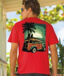 Woody Sunset Surf - Candy Apple Red Dyed Short Sleeve Crewneck T-Shirt