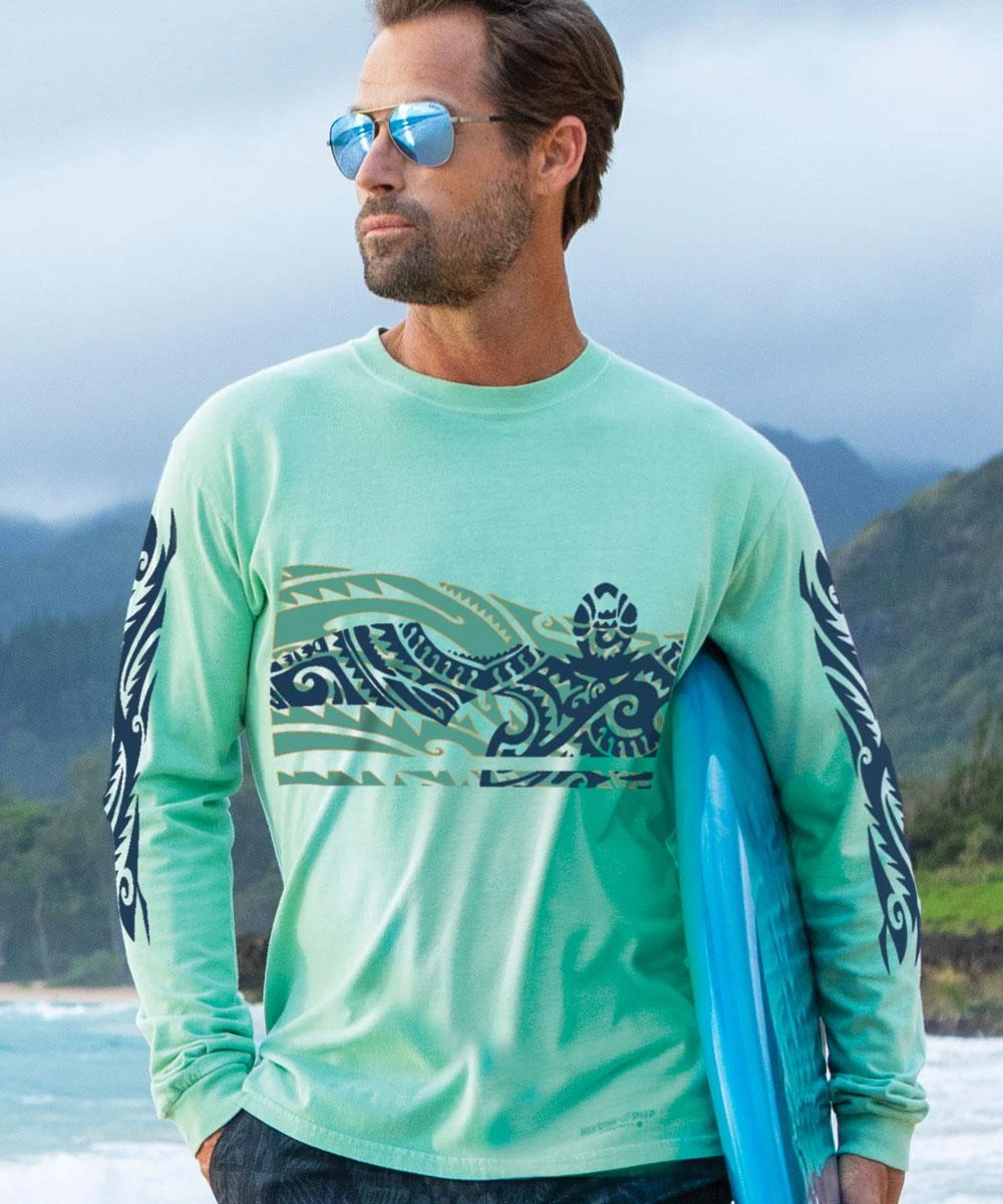 Honu Tribal Mauka - Key Lime Dyed Long Sleeve Crewneck T-Shirt 1 Honu Tribal Mauka - Key Lime Dyed Long Sleeve Crewneck T-Shirt