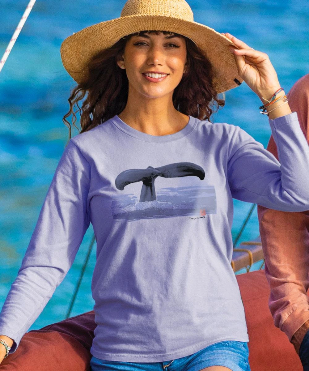 Wyland® Whale Tail Brushed - Lavender Dyed Long Sleeve Crewneck T-Shirt 1 Wyland® Whale Tail Brushed - Lavender Dyed Long Sleeve Crewneck T-Shirt