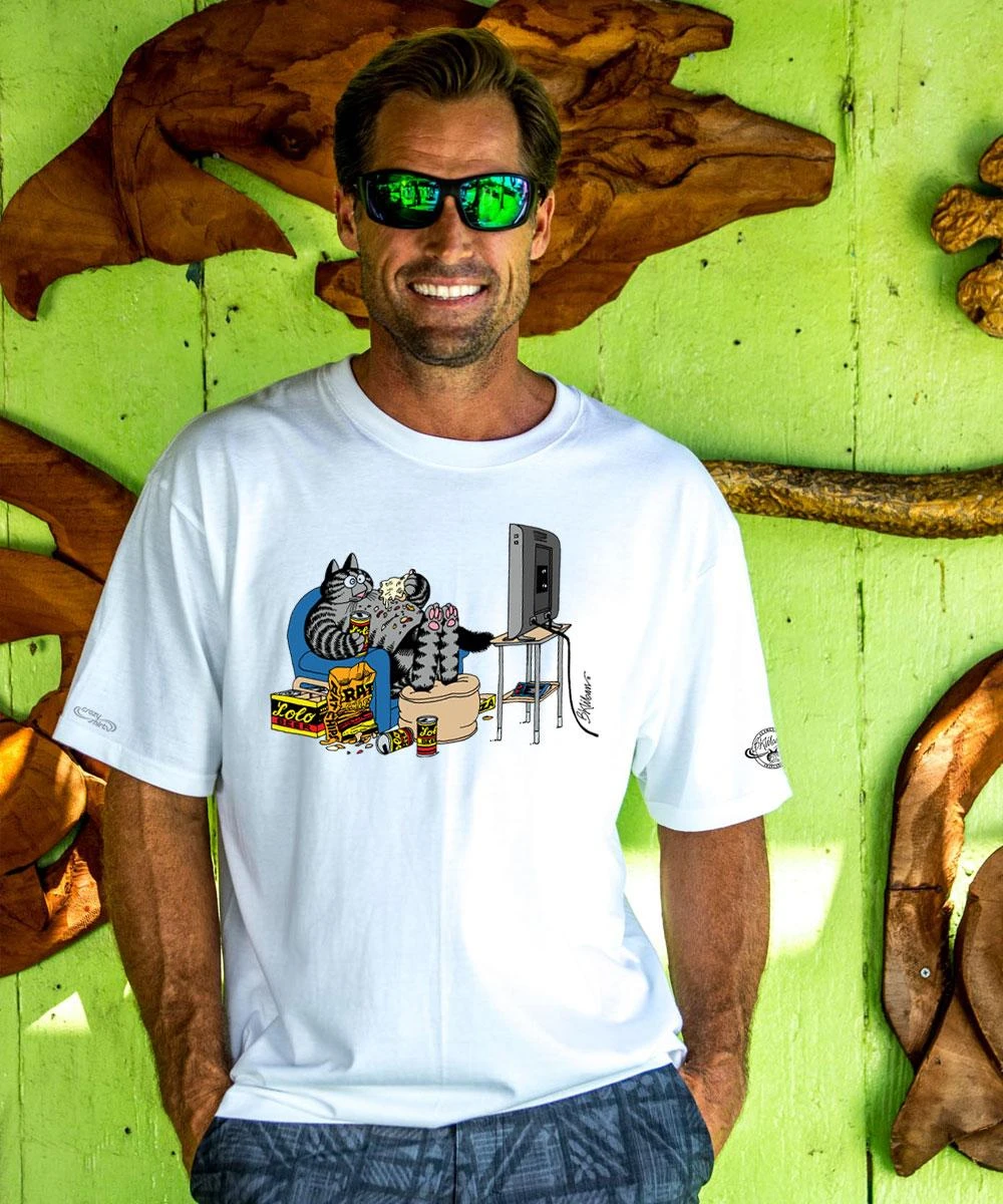 B. Kliban Binge Watching Cat - White Short Sleeve Crewneck T-Shirt 1 B. Kliban Binge Watching Cat - White Short Sleeve Crewneck T-Shirt