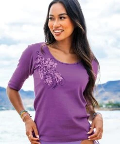 Leihua - Violet Short Sleeve Banded Rib Knit T-Shirt