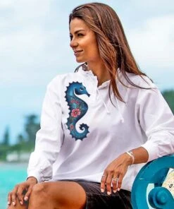 Seahorse Floral - White Long Sleeve Lightweight Pullover