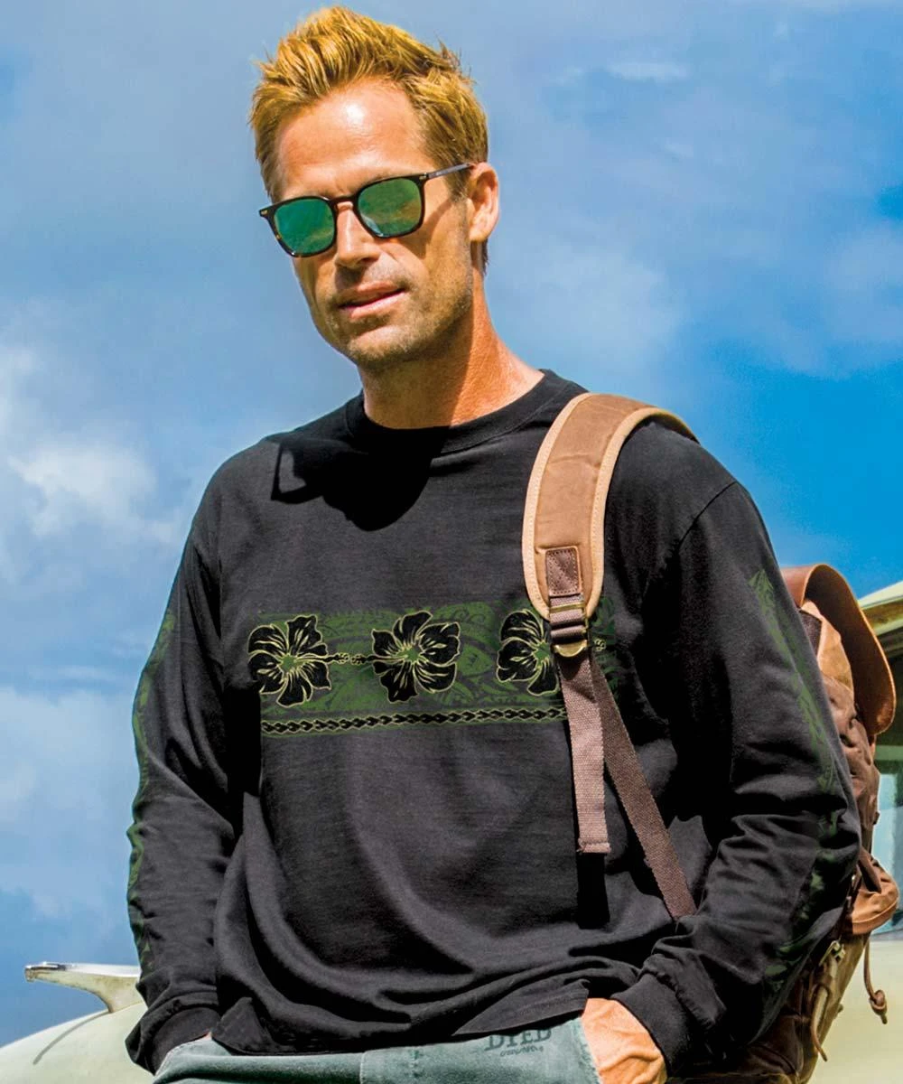 Linear Tribal Pua - Black Long Sleeve Crewneck T-Shirt 1 Linear Tribal Pua - Black Long Sleeve Crewneck T-Shirt