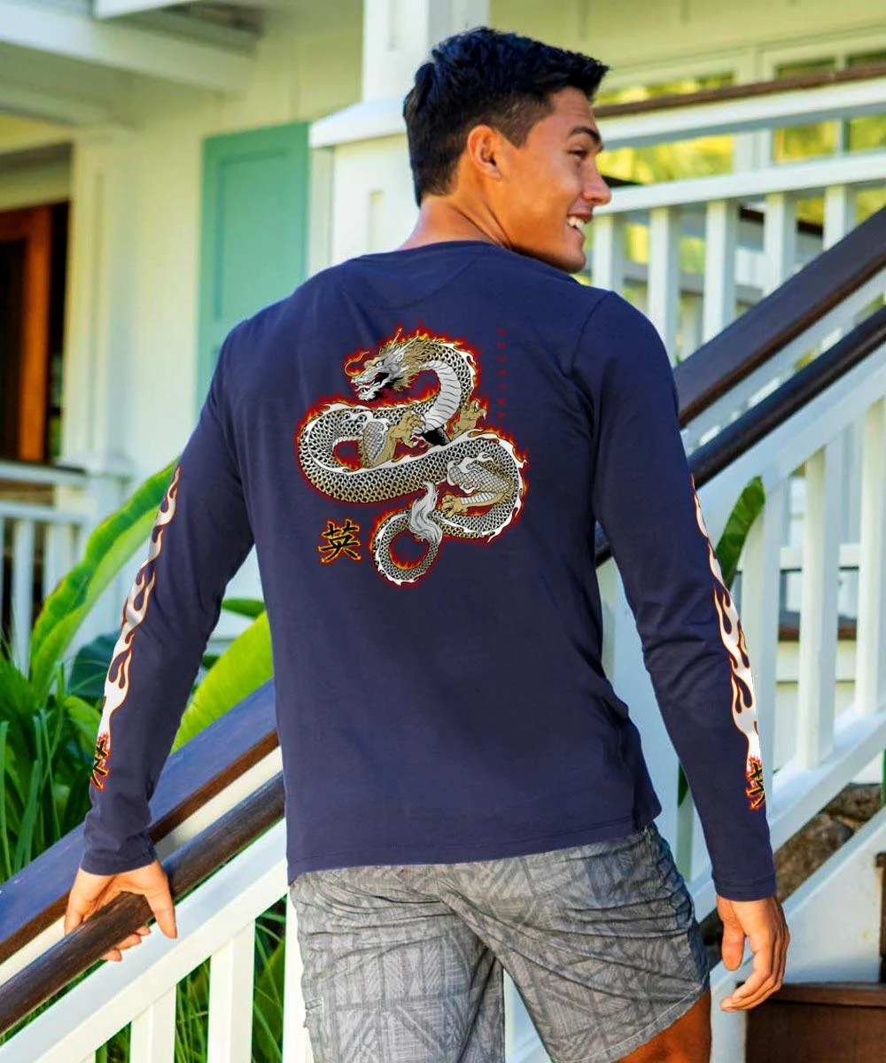 Fire Dragon - Indigo Long Sleeve Pima T-Shirt 2 Fire Dragon - Indigo Long Sleeve Pima T-Shirt - Image 2