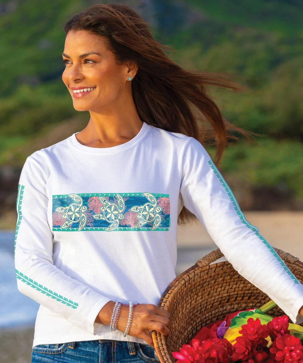 Honu Sealife Band - White Long Sleeve Crewneck T-Shirt 1 Honu Sealife Band - White Long Sleeve Crewneck T-Shirt