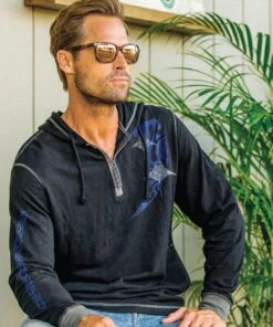 Woodcut Manta Elua - Black/Charcoal Long Sleeve Longboard Hooded Tee