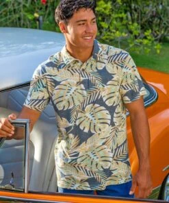 Kia’i - Blue/Tan Short Sleeve Hawaiian Polo Shirt