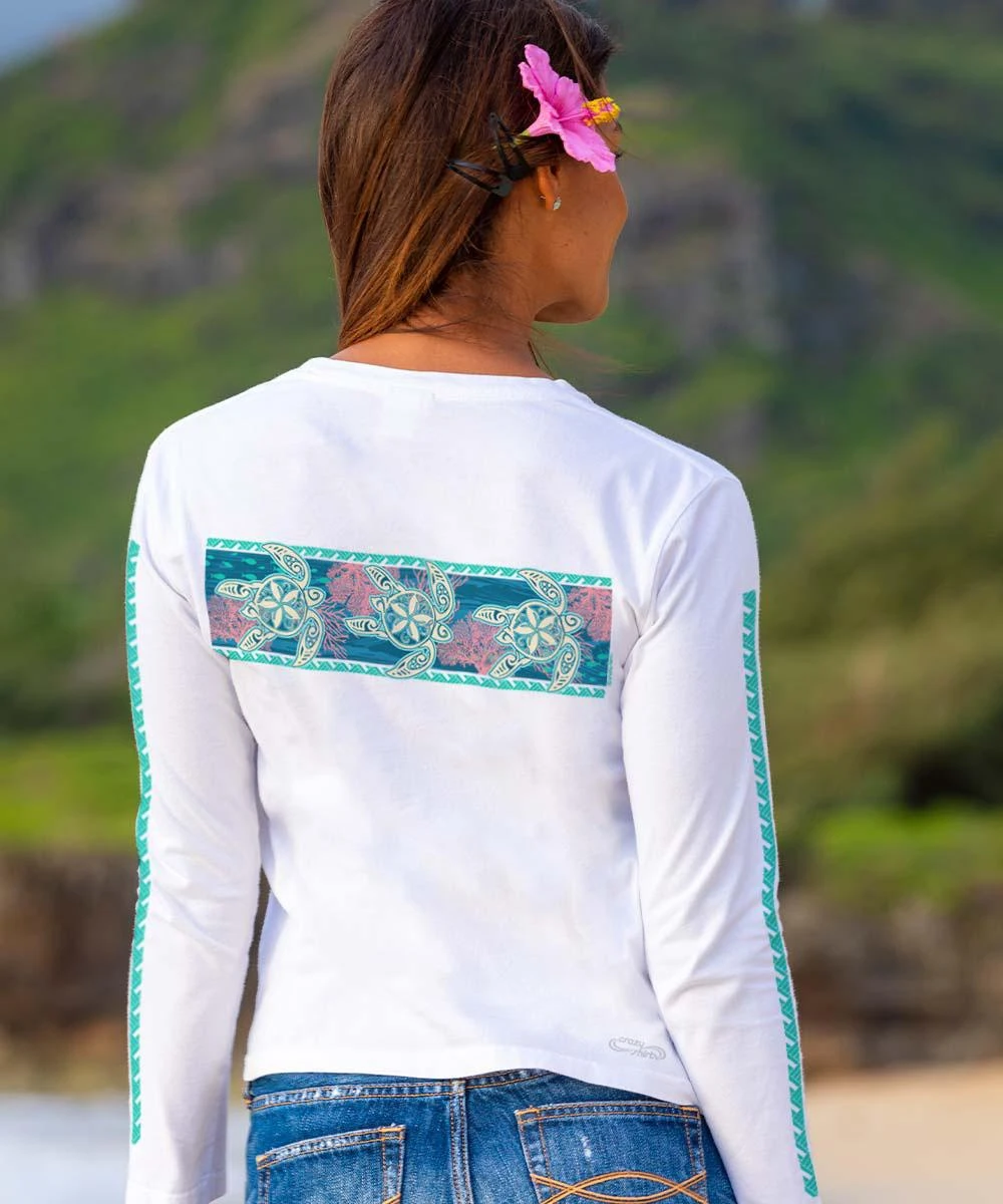 Honu Sealife Band - White Long Sleeve Crewneck T-Shirt 2 Honu Sealife Band - White Long Sleeve Crewneck T-Shirt - Image 2