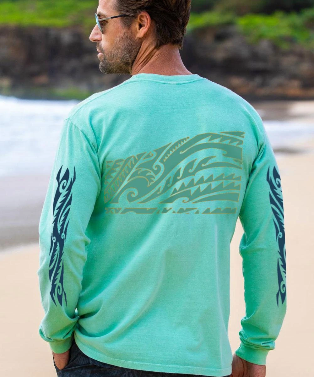 Honu Tribal Mauka - Key Lime Dyed Long Sleeve Crewneck T-Shirt 2 Honu Tribal Mauka - Key Lime Dyed Long Sleeve Crewneck T-Shirt - Image 2